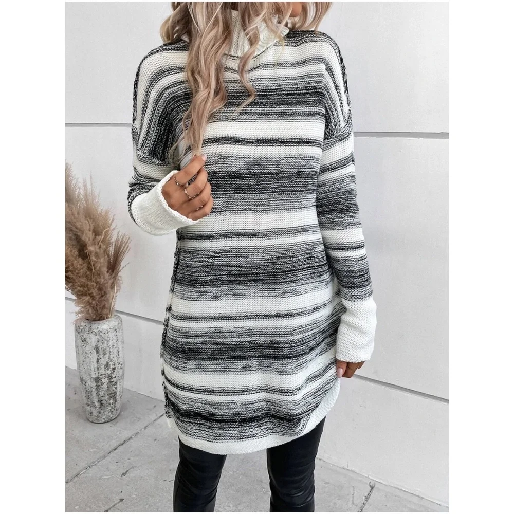 Cozy Turtleneck Striped Oversized Sweater Top - Picture 2 of 4